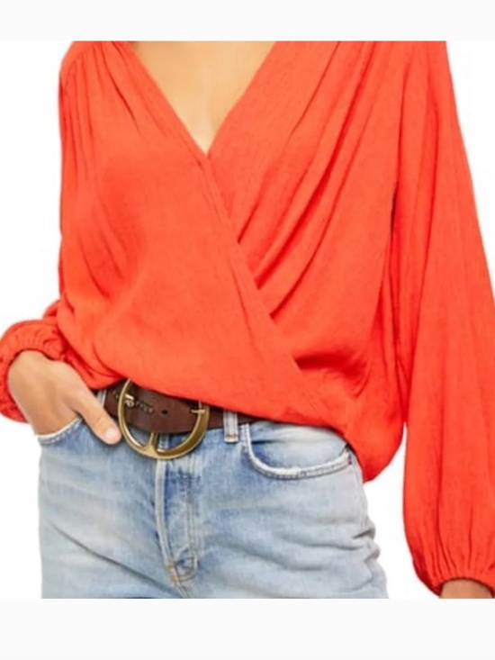Free People Tops - Free People Faux Wrap Flame Red Balloon Sleeve Oversized Blouse sz XS